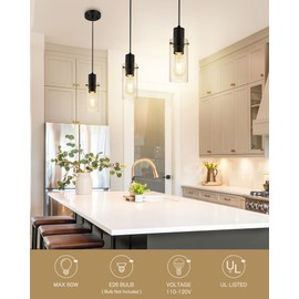 Emak 2 Pack Black Pendant Light Fixtures, Mini Pendant Lighting with Clear Glass Shade, Modern Farmhouse Hanging Lights for Kitchen Island, Bedroom, Bathroom, Sink, PL120-BKBK-2PK