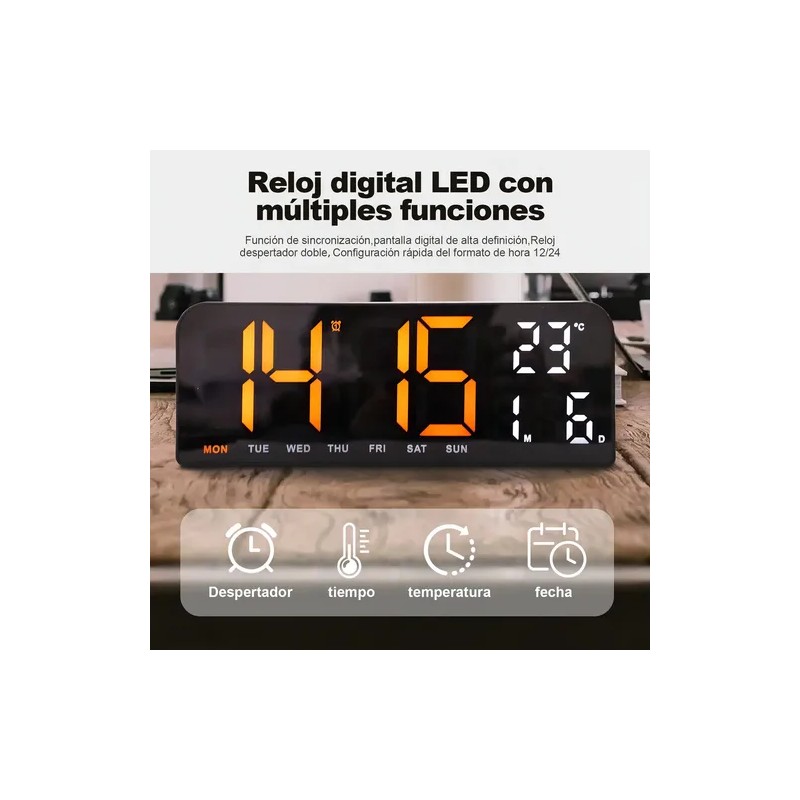 Reloj Digital Royemai Rectangular Negro con Termómetro y Alarma para