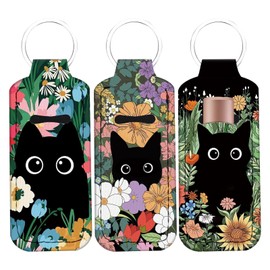 Vexilon 3 Pcs Lip Balm Keyring, Cute Lip Balm Holder, Chapsticks Holder Keychain with Black Cats Pattern, Lipstick Protection Container, Travel Daily Accessories for Women Gifts