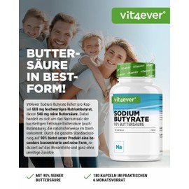 Sodium Butyrate - 180 Capsules with 600 mg - Premium: 90% Butyric Acid - Pure Sodium Butyrate without Unwanted Additives - High Dose, Vegan
