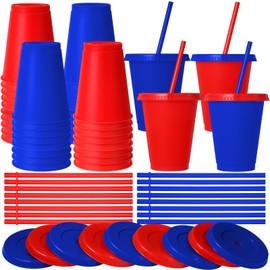 Skylety 16 Pcs Red Blue Plastic Cups with Lids and Straws 16 oz Birthday Plastic Party Cups Coffee Patriotic Reusable Tumbler Water Bottle Holiday Party Supplies Gift for Drinking Coffee Cocoa