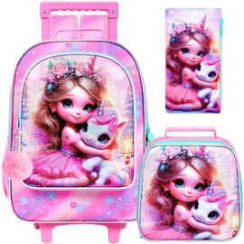 gxtvo Girls Rolling Backpack, Cute Unicorn Roller Wheels Kids Bookbag - Wheeled Elementary School Bag
