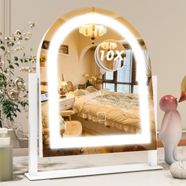 ROLOVE Lighted Makeup Mirror with 3-Color Dimmable Lighting, with Removable 10x Magnifier, Smart Touch Control, 360° Rotation, 15" x 13" Hollywood Vanity Mirror for Tabletop or Desk (White)