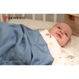FENSILO Muslin Squares for Baby 60 x 75 cm Pack of 4 Muslin, Made in EU, Cuddle Cloth Haunting Cloth for Boys and Girls, Muslin Cloths, Baby Burp Cloths, Black, Blue, Yellow, Beige