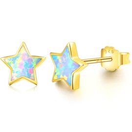 Gold Star Earrings for Girls, Hypoallergenic S925 Sterling Sliver Stud Earrings For Women ARSKRO Little Small Tiny Cute Fire Opal Earring Jewelry Gifts for Sensitive Ears Teen Kids