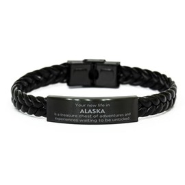 Moving to Alaska Gifts, Your new life in Alaska, Long Distance Alaska Christmas Braided Leather Bracelet For Men, Women, Friends, Coworkers