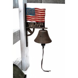 God Bless America Flag Wall Mounted Hanging Bell Sign Cast Iron Antique Finish