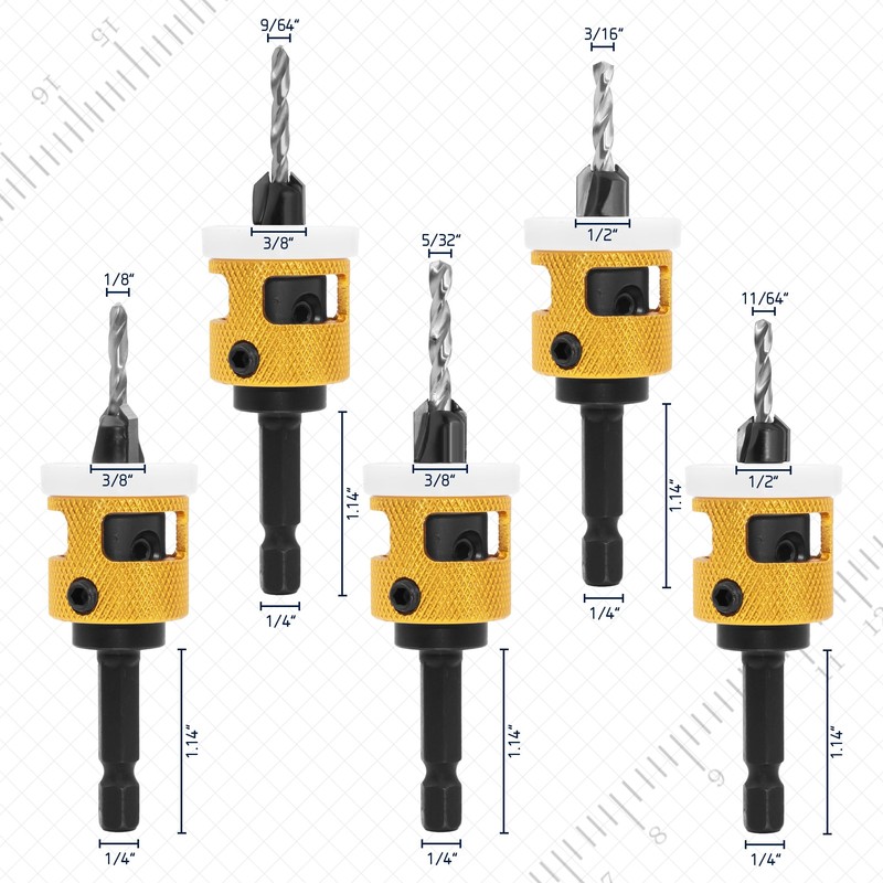 DTRUCTIEW 5 Pcs Countersink Drill Bit Set, 1/4" Hex Shank