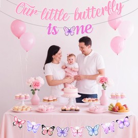 Our Little Butterfly is Turning One Banner Pink Purple Butterfly 1st Birthday Banner Spring Butterfly Garden Party Banner for Girls First Birthday Party Supplies