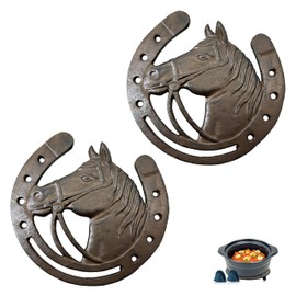 Linton Arts Cast Iron Trivets for Hot Dishes, 2 Pack Horse Head Horseshoe Design Metal Trivets with Heat Resistant Gloves, Trivets for Hot Pots and Pans, Kitchen Trivets for Hot Dishes