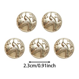 5pcs 7/8" British Bee Bird Feather Decoration Small Incense Coat Sweater DIY Round Metal Buttons (5pcs Gold Bird Buttons)