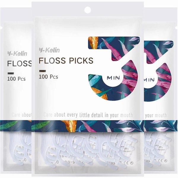 Y-Kelin Dental Floss Picks Daily Flosser Unflavored, 300 pcs, Unwaxed Floss Stick for Aldult & Kids, 100 Count (Pack of 3)
