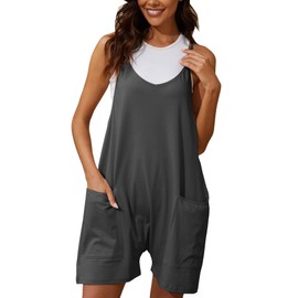 Muchpow Women's V Neck Sleeveless Romper Summer Casual Loose Spaghetti Strap Short Overalls Jumpersuit with Pockets, Dark Grey, Small