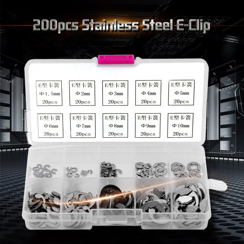 Akozon E-Clip 200pcs Stainless Steel E-Ring Circlip Assortment M1.5-M10 Locking