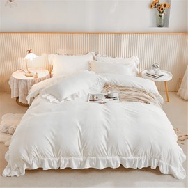 WONGS BEDDING 3 Pieces White Ruffle Bedding Set with 2 Pillowcase Frills Duvet Cover with Zipper Closure Soft Microfiber Duvet Cover Set Double 200x200 cm