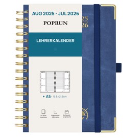 POPRUN Teacher's Calendar 2025 2026 Ring Binder DIN A5 - Teacher Planner 25/26 for Teaching with Monthly Index. School Planner with PU Leather Hardcover for Teachers - Dark Blue