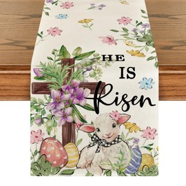 Artoid Mode Sheep Cross Eggs Easter Table Runner,Seasonal Spring Wild Flowers Kitchen Dining Table Decoration for Home Party Decor 13x72 Inch