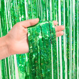 Green Tinsel Metallic Foil Fringe Curtain Backdrop, Malanku 2Pack 3.2ft x 8.2ft Tinsel Doorway Wall Decorations for Birthday Graduation Bachelorette Baby Shower Party
