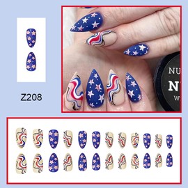 Independence Day False Nails with Designs, Press on Nails Medium Pointed, Pointed Almond Full Cover Artificial Acrylic Fake Nails, Glue on Nails for July 4th, Patriotic Finger Stick on Nails for Women