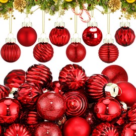 Hollowfly 32 Pcs Mini Glass Christmas Ball Ornaments 1 Inch Miniature Xmas Tree Decoration Hanging Balls Christmas Ornaments for Small Trees Holiday Home Party Decor(Red)