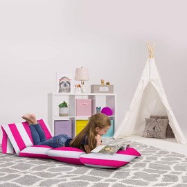 Posh Creations Kids Floor Pillow Cover - Premium Cushion and Lounger Covers for Pillows (Queen Pillows NOT Included) - Gifts for Teenage Girls, Queen Pillow Size, Canvas - Stripes Pink and White