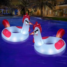 Inflatable Pool Floats with Lights, 63" Chicken Pool Floaties with Solar Powered RGB Color Changing, Large Animal Pool Floats Adult with 2 Handles, Swimming Pool Floaty for Party Beach Water