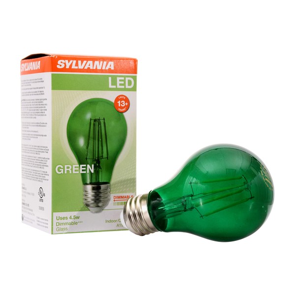 SYLVANIA LED Green Glass Filament A19 Light Bulb, Dimmable, Efficient 4.5W, E26 Medium Base, 1 pack
