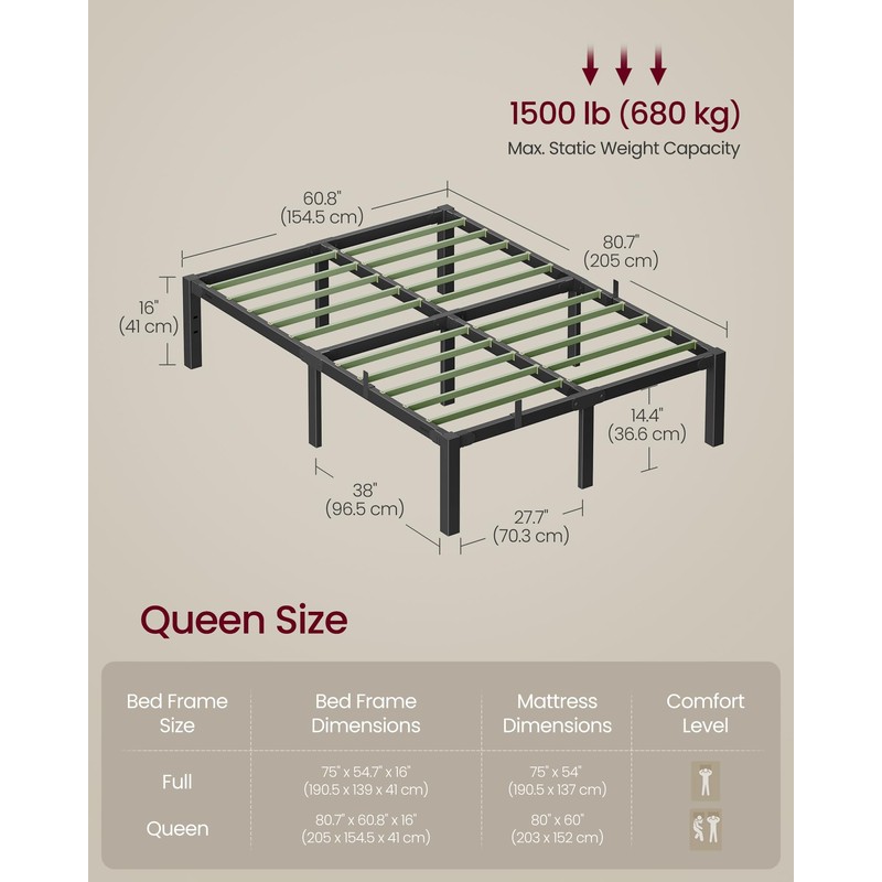 VASAGLE Superfast Assembly, Metal Queen Bed Frame, Heavy-Duty Platform Bed