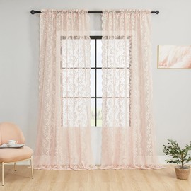 FOLKSIDE Blush Pink Lace Curtains 84 Inches Long 2 Panels Vintage French Floral Sheer Curtains for Living Room Bedroom Victorian Paisley Drapes Rod Pocket Light Filtering Crochet Window Decor, 52x84