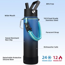 BJPKPK 27oz Insulated Water Bottles with 3 Lids, Paracord Handle & Non-slip Boot,Stainless Steel Water Bottle with Straw, BPA Free Leak Proof Thermos,Tumblers,Blue Black