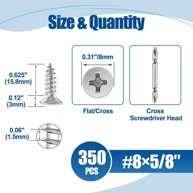 ANCHOREASE #8×5/8″ Wood Screw 350Pcs, 304 Stainless Steel Screws, Flat