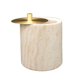 HAMAKAWA Qtip Holder With Brass Lib, Beige Travertine Cotton Swab Jars 4 Inch, Modern Round Marble Canister, Small Apothecary Storage Jars for Bathroom, Bedroom, Vanity, Kitchen Cabinet