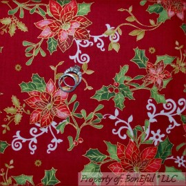 Signature BonEful Fabric FQ Cotton Quilt Red White Green Leaf Pink Poinsettia Flower SALE