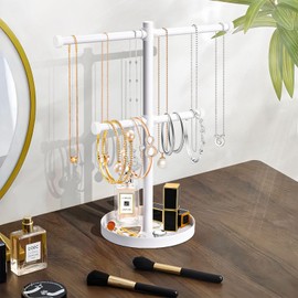 bodkar Necklace Holder Organizer Stand,2-Tier Sturdy Metal Jewelry Stand with Round Tray for Bracelet Bangles Holder Display,12.9" Tall for Long Necklace