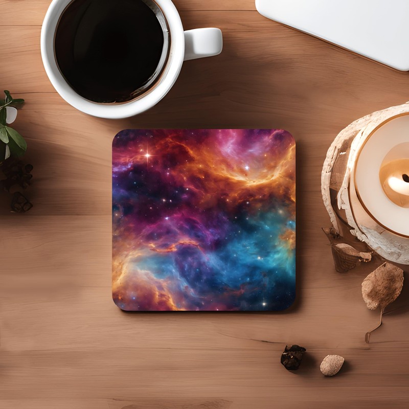 Space Coaster Set, Multicolour Universe Galaxy Art 9cm Glossy Wood