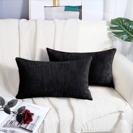 BRAWARM Chenille Throw Pillow Covers 12x20 Inches - Pack of 2 Black Chenille Lumbar Pillow Covers, Solid Dyed Soft Chenille Pillow Cases for Couch Sofa Bed Home Decoration