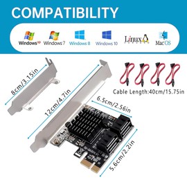 PCIE 4 Port SATA III 6Gbps Expansion Cards, PCIE 1X to SATA 3.0 Controller Card 4 Port, Support SSD and Hard Drive for Windows7/8/10/XP/Linux/Vista