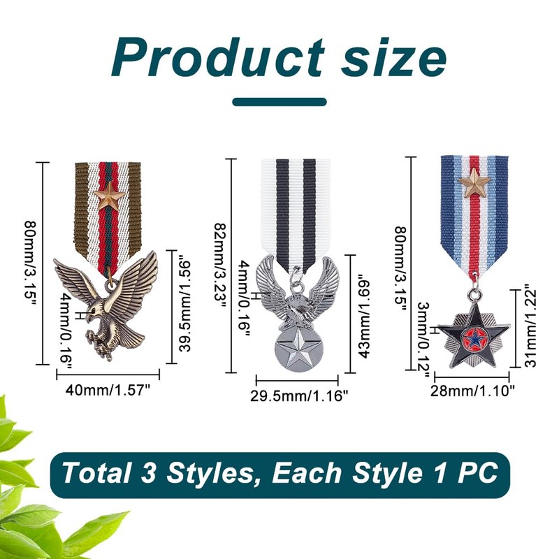 AHANDMAKER 3 Pieces Costume Military Badge Medal, 3 Styles Alloy