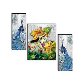 SAF Religious 'Radha Krishna with Couple Peacock ' Abstract Wall Painting Frame - JM31084 (Multicolour, 12 inch X 18 inch, Standard) - Set of 3
