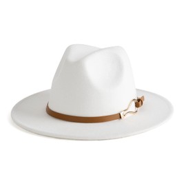 EOGIMI Fashion Women Wide Brim Fedora Floppy Panama Hat with Belt Buckle White