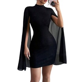 IQLWI Women's Sexy Glitter Mini Dress Mock Neck Cloak Sleeve Cocktail Shimmering Elegant Dresses Wedding Guest Party Evening (US, Alpha, Large, Regular, Regular, Black)
