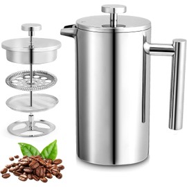 Miuly Small French Press Coffee Maker,12OZ/350ML Stainless Steel Insulated Coffee Press,Stainless Steel French Press with 2 Fliters 0.35 Liter (12oz, Sliver)