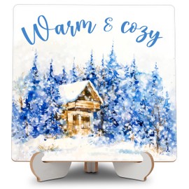 Christmas Gifts for Women Men, Hello Winter Home Office Desk Decor with Stand, Warm & Cozy Wood Plaque Sign Office Decoration for Home Living Room Bedroom Shelf Table - A16