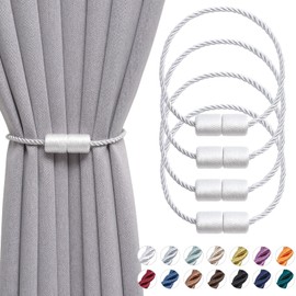 Pretty Jolly 4 Pack Magnetic Curtain Tiebacks 16 Inch Handmade Weave Side Rope Curtain Holdbacks Convenient Decorative Cylinder Curtain Drape Tie Backs for Home & Office Window Drapery (White)