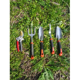 DONSP1986 Garden Tools Set, 5 Piece Aluminum Hand Tool Kit with Ergonomic Handle, Heavy Duty Gardening Tools Include Hand Trowel, Transplant Trowel, Hand Rake, Weeder and Shears (Orange)