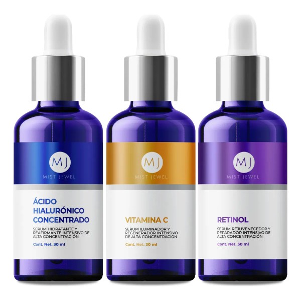 Mist Jewel, Kit Facial Con 3 Sueros Acido Hialurónico, Retinol,