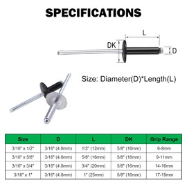 Maozaa 50 pcs 3/16" x 3/4" Large Flange Aluminum Blind Rivets, 4.8 x 20mm Pop Rivets, Blind Rivets for Metal, Silver