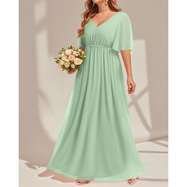 Sage Green Dress for Women Plus Size Bridesmaid Maxi Formal Chiffon Wedding Guest Ball Gowns Evening Party Short Sleeve