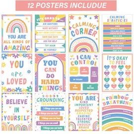 Qyeahkj 12pcs Pastel Calming Corner Classroom Posters Set Classroom Decorations Boho Pastel Calming Strategies Poster for Kids Preschool Teachers Calm Down Corner Classroom Decor Supplies