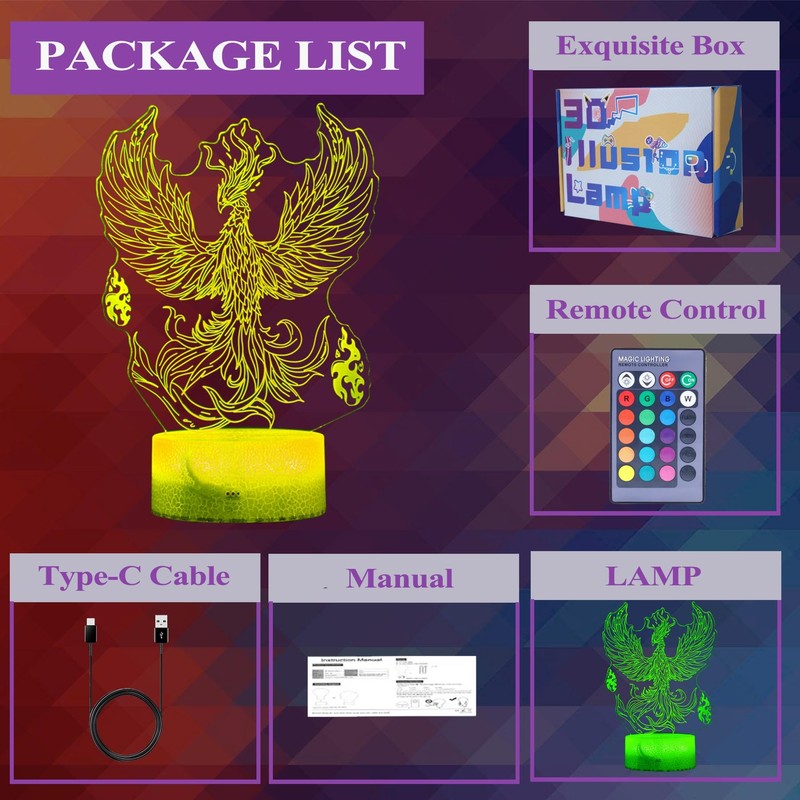 POSSHE Phoenix Night Light, Phoenix 3D Illusion Lamp, Phoenix Stuff